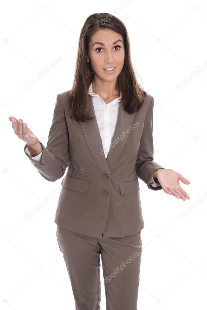 Isolated business woman presenting new product with hands.