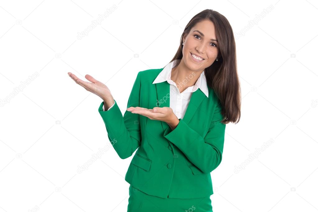 Presenting isolated businesswoman in green suit presenting new p