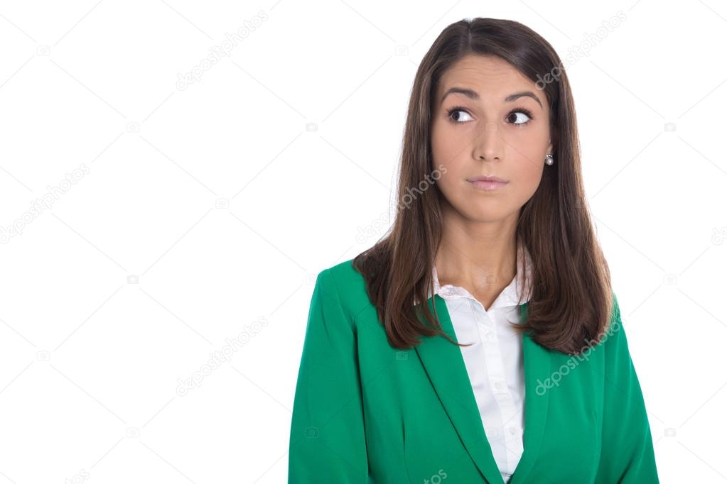 Isolated business woman in green looking doubtful sideways to te