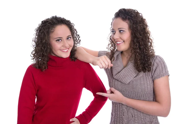 Šťastné holky: portrét skutečné ženské dvojčat nosí zimní pullov — Stock fotografie