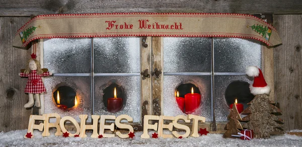 Tarjeta de felicitación de madera de Navidad con texto alemán y velas rojas: Merr — Foto de Stock