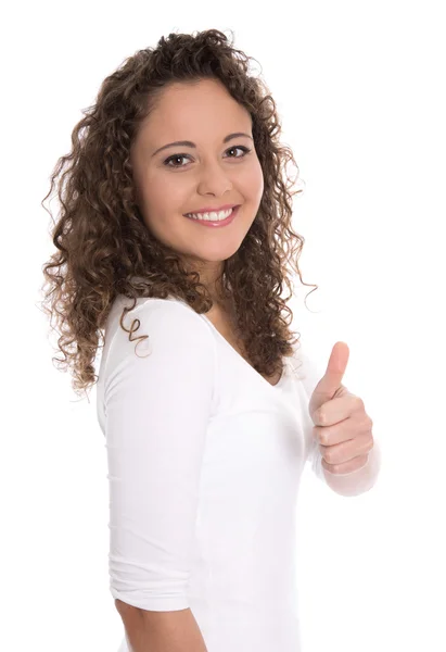 Succesvolle vrij lachende jonge vrouw geïsoleerd met duim omhoog ove — Stockfoto
