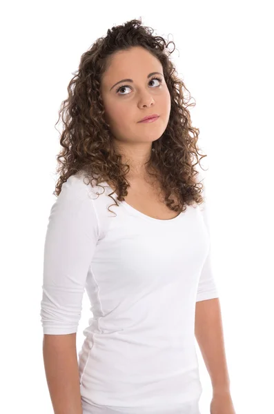Rozczarowany i sfrustrowany kobieta młody na białym tle w białej koszuli. — Zdjęcie stockowe