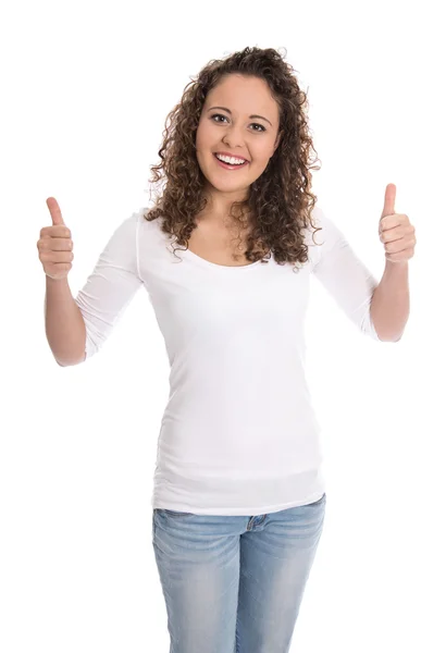 Gelukkig geïsoleerde jonge vrouw duim omhoog gebaar maken over Wit. — Stockfoto