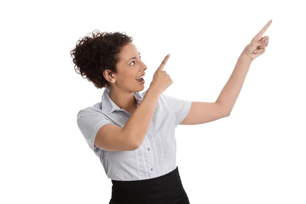 Isolierte Geschäftsfrau präsentiert sich mit erhobenem Zeigefinger. — Stockfoto