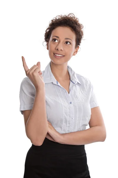 Empresária isolada apresentando lateralmente com o dedo . — Fotografia de Stock