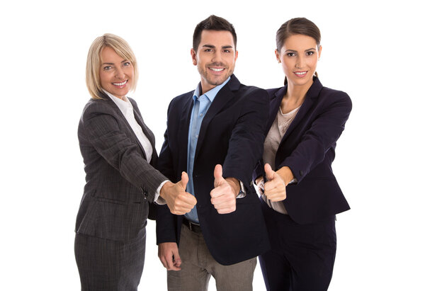 Isolated successful business team: man and woman with thumbs up.