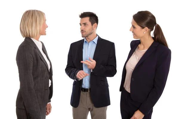 Изолированная бизнес-команда: мужчина и женщина разговаривают вместе . — стоковое фото