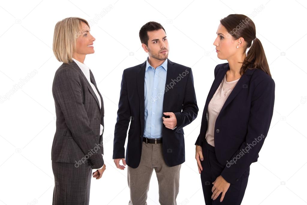 Isolated business team: man and woman talking together.