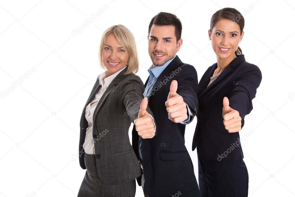 Isolated successful business team: man and woman with thumbs up.