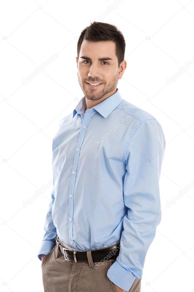 Portrait: Isolated handsome smiling business man over white.