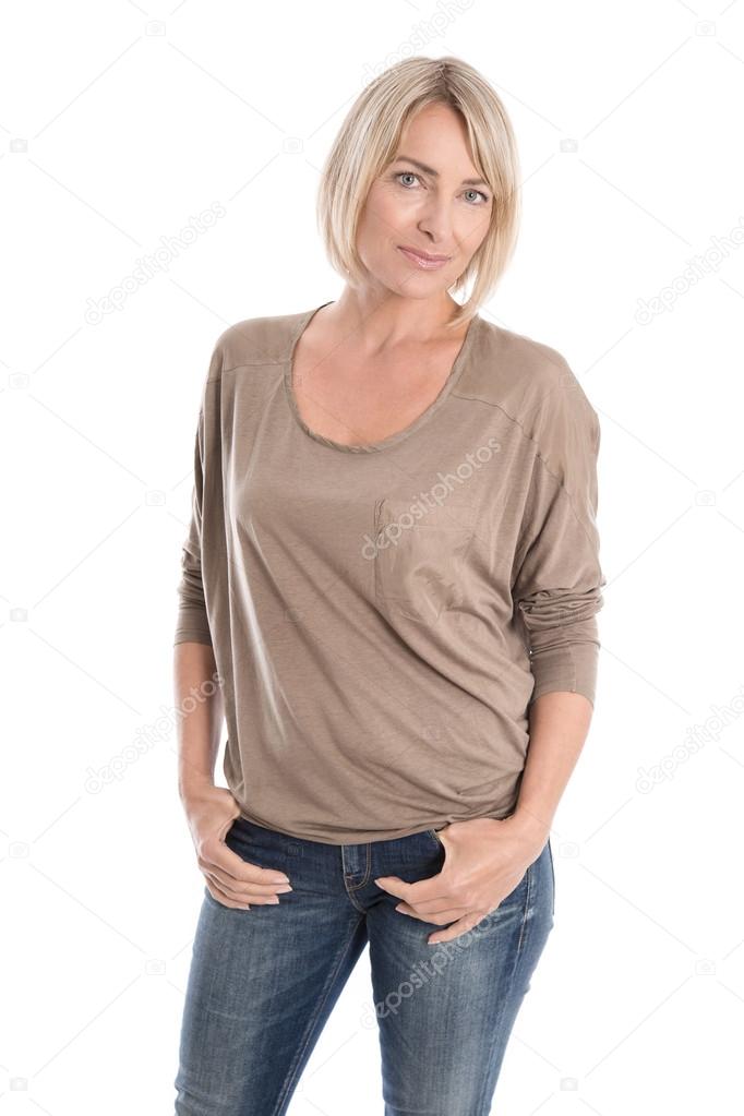 Isolated attractive woman in the forties wearing blue jeans and 