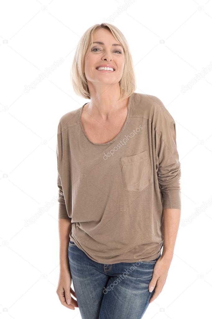 Satisfied attractive middle aged isolated smiling blond woman.