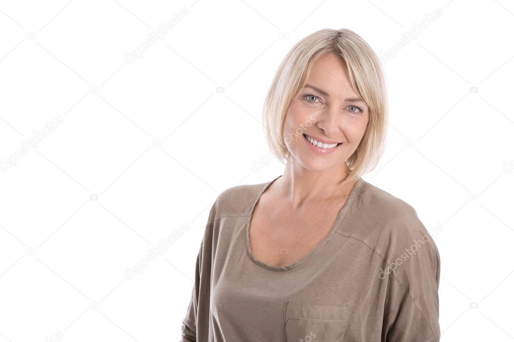 Beautiful older blond attractive isolated woman smiling with whi