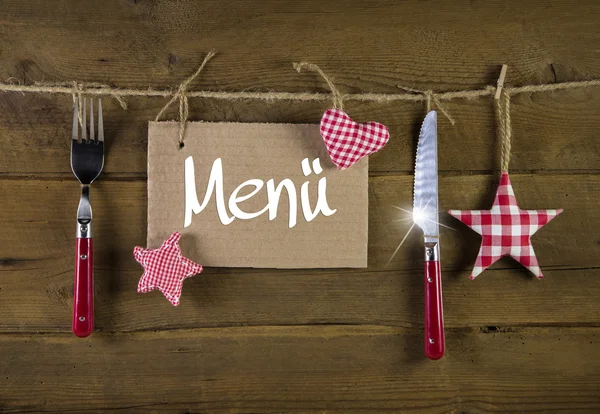 Carte de menu de Noël pour les restaurants avec couteau et fourchette sur bois — Photo