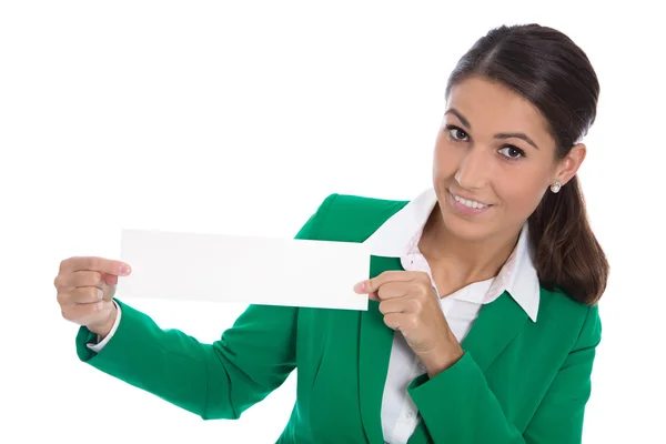 Vereinzelte Geschäftsfrau in Grün mit weißem Schild — Stockfoto