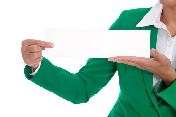 Woman in green holding empty with billboard or sign in her hands — Stock Photo, Image