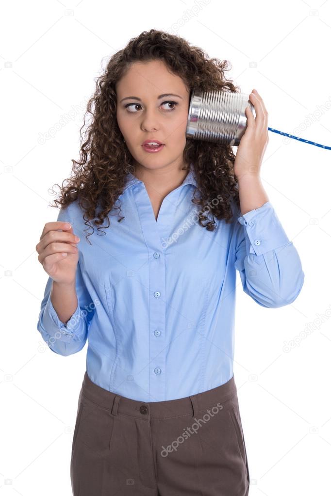 Isolated young businesswoman with tin can phone serious and stun