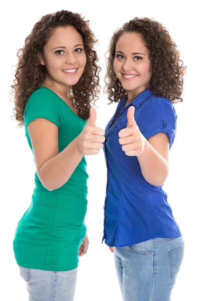 Jolies jeunes filles isolées en bleu et vert avec les pouces levés : re — Photo