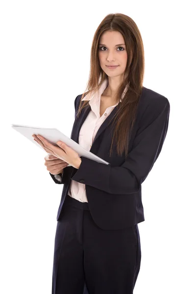 Attractive isolated smiling business woman with documents in her — Stock Photo, Image