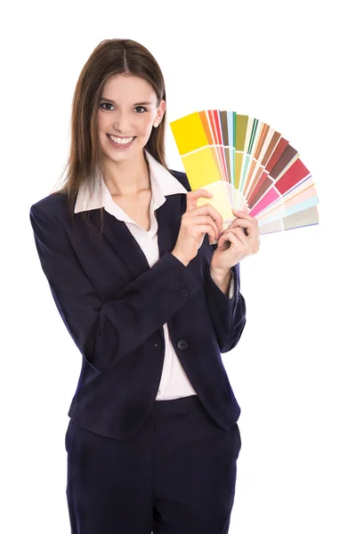 Isolated smiling business woman sales colors for walls at home. — Stock Photo, Image