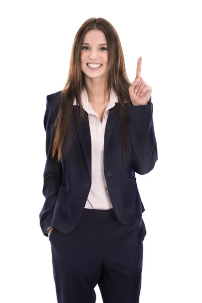 Lustige junge isolierte Geschäftsfrau im Anzug, die etwas Witz zeigt — Stockfoto