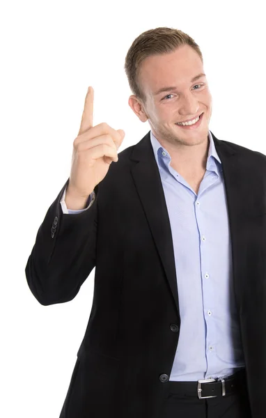 Bonito feliz isolado jovem empresário levantando o dedo — Fotografia de Stock