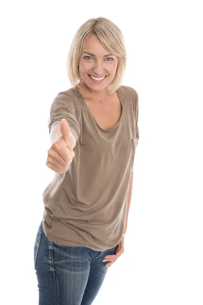 Mujer madura dando pulgares hacia arriba signo aislado sobre fondo blanco . —  Fotos de Stock