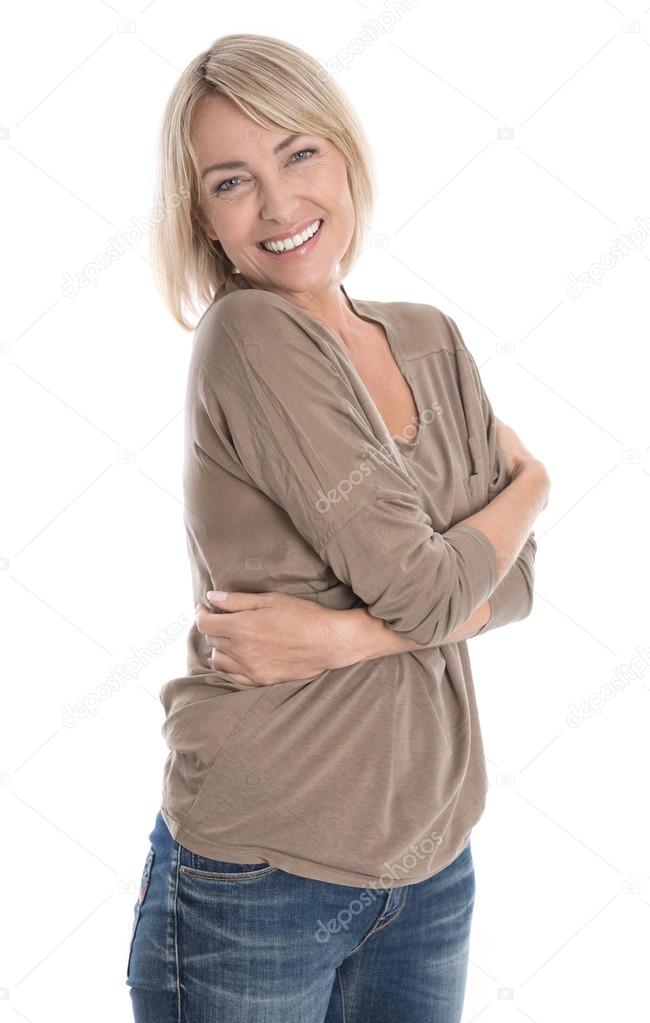 Happy isolated older blond woman: feel good in second half of on