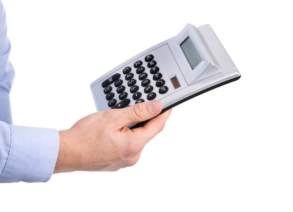 Homem de negócios isolado segurando uma calculadora de bolso em suas mãos . — Fotografia de Stock