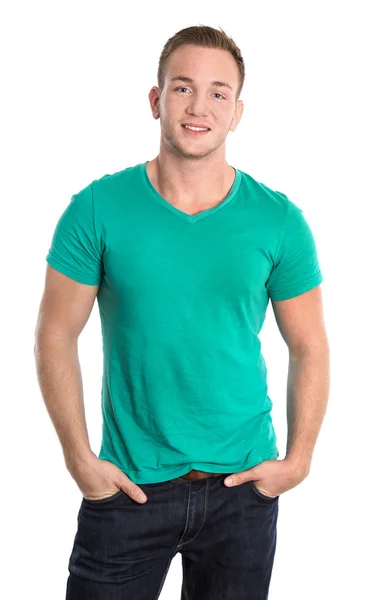 Portrait : Joyeux jeune homme isolé portant chemise verte et jeans — Photo