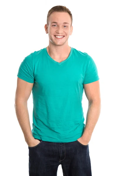 Portrait: Happy isolated young man wearing green shirt and jeans Royalty Free Stock Images