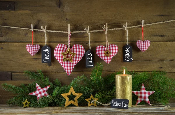 Boldog karácsonyi kártya, német szöveggel: boldogság, a szeretet és a szerencse. — Stock Fotó