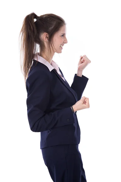 Successful young businesswoman reached aims or is happy to make — Stock Photo, Image