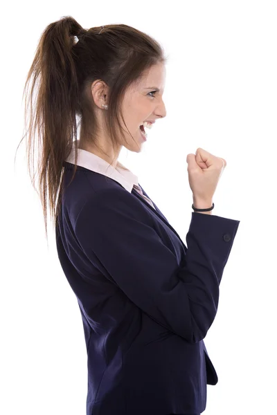 Successful young businesswoman reached aims or is happy to make — Stock Photo, Image