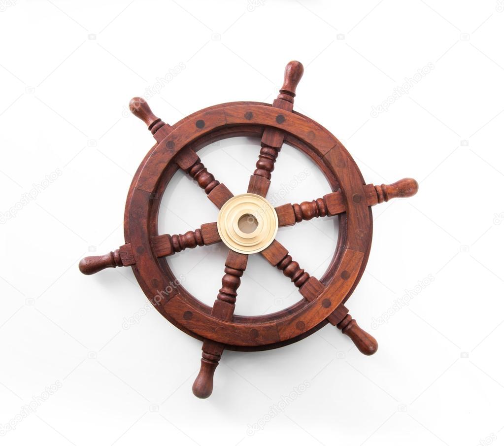 Old boat steering wheel isolated on white.