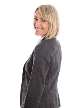 Çekici olgun izole sarışın kadın iş kıyafeti.