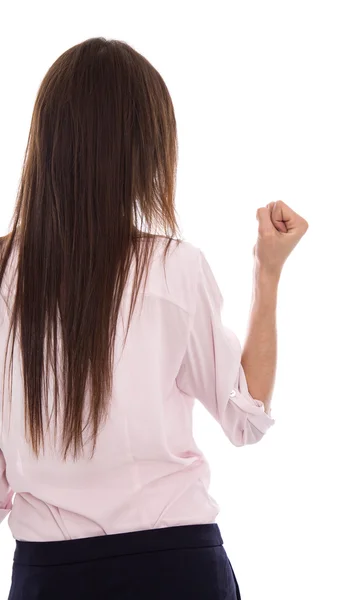 Geïsoleerde vrouw met lang horen verhogen van haar vuist. Symbool voor su — Stockfoto