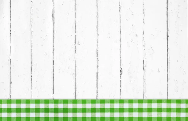 Old green white checked wooden background with fabrics. — Stock Photo, Image