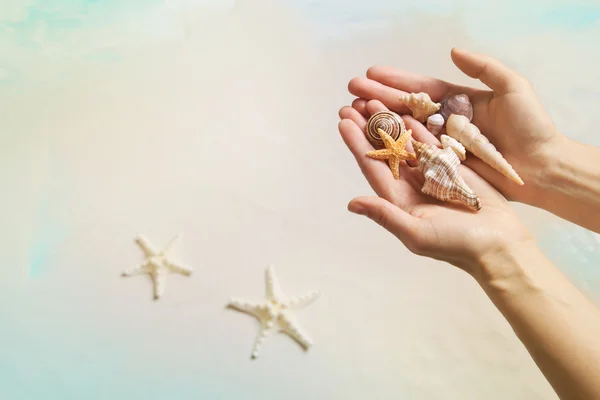 Concetto di vacanza estiva: mani che tengono conchiglie e stelle marine sulla th — Foto Stock