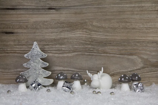 Wooden christmas background with decoration in white, silver and — Stock Photo, Image