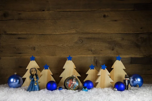 Blue and white wooden christmas background with snow for decorat — Stock Photo, Image