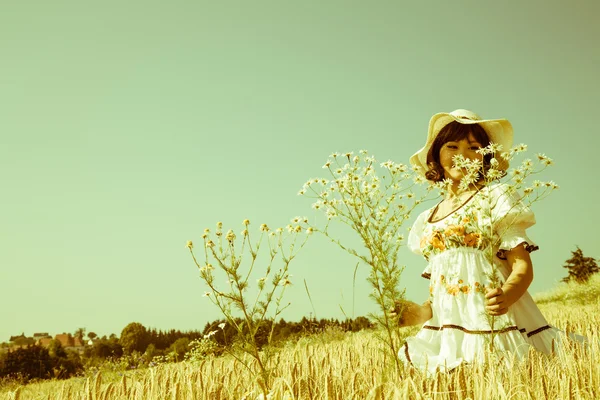 Menina no final do verão andando por um campo de flores e w — Fotografia de Stock