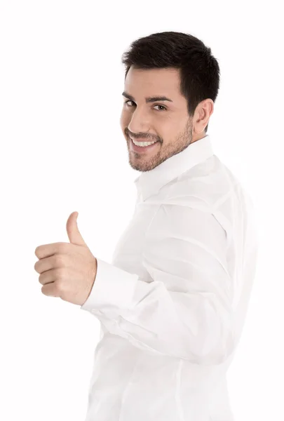 Successful man isolated over white with thumbs up gesture. — Zdjęcie stockowe