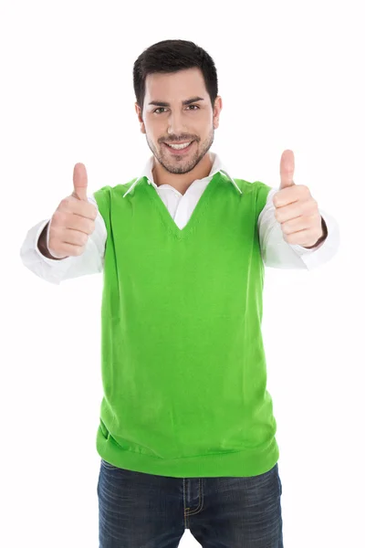 Feliz sorrindo e homem isolado em pulôver verde com polegares para cima — Fotografia de Stock