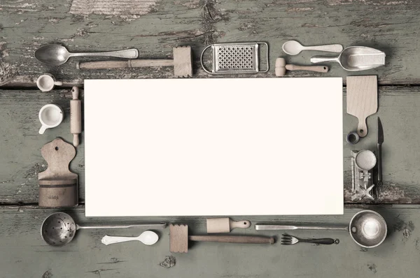 Old white kitchen message sign with cooking utensils for a frame — Stock Photo, Image