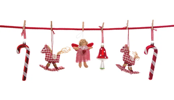 Red white checked Christmas decoration isolated on white hanging 로열티 프리 스톡 사진