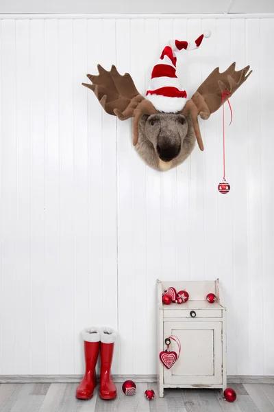 Fondo clásico divertido de la decoración de la Navidad de santa en rojo y — Foto de Stock