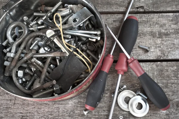 Box with nuts, bolts and screws — Stockfoto