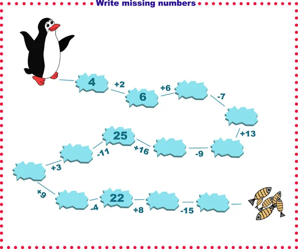 Matematické vzdělávací hry pro děti. Vyplňte řádek, zapište chybějící čísla. — Stockový vektor